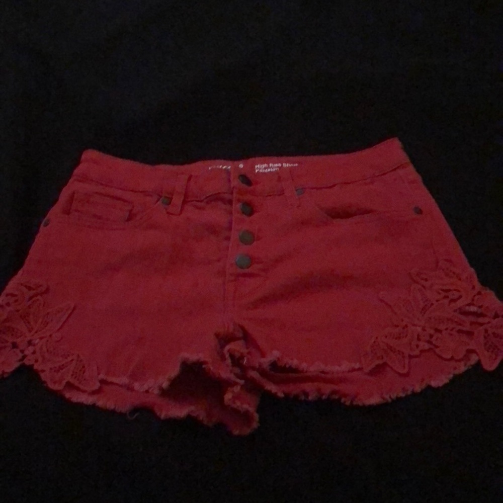 red jean shorts